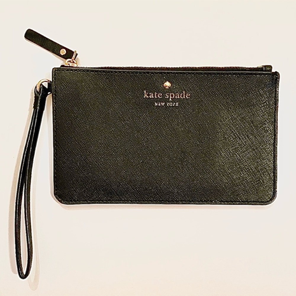 Kate Spade Black Saffiano-Style Wristlet Clutch – Vegan Leather Zip Pouch